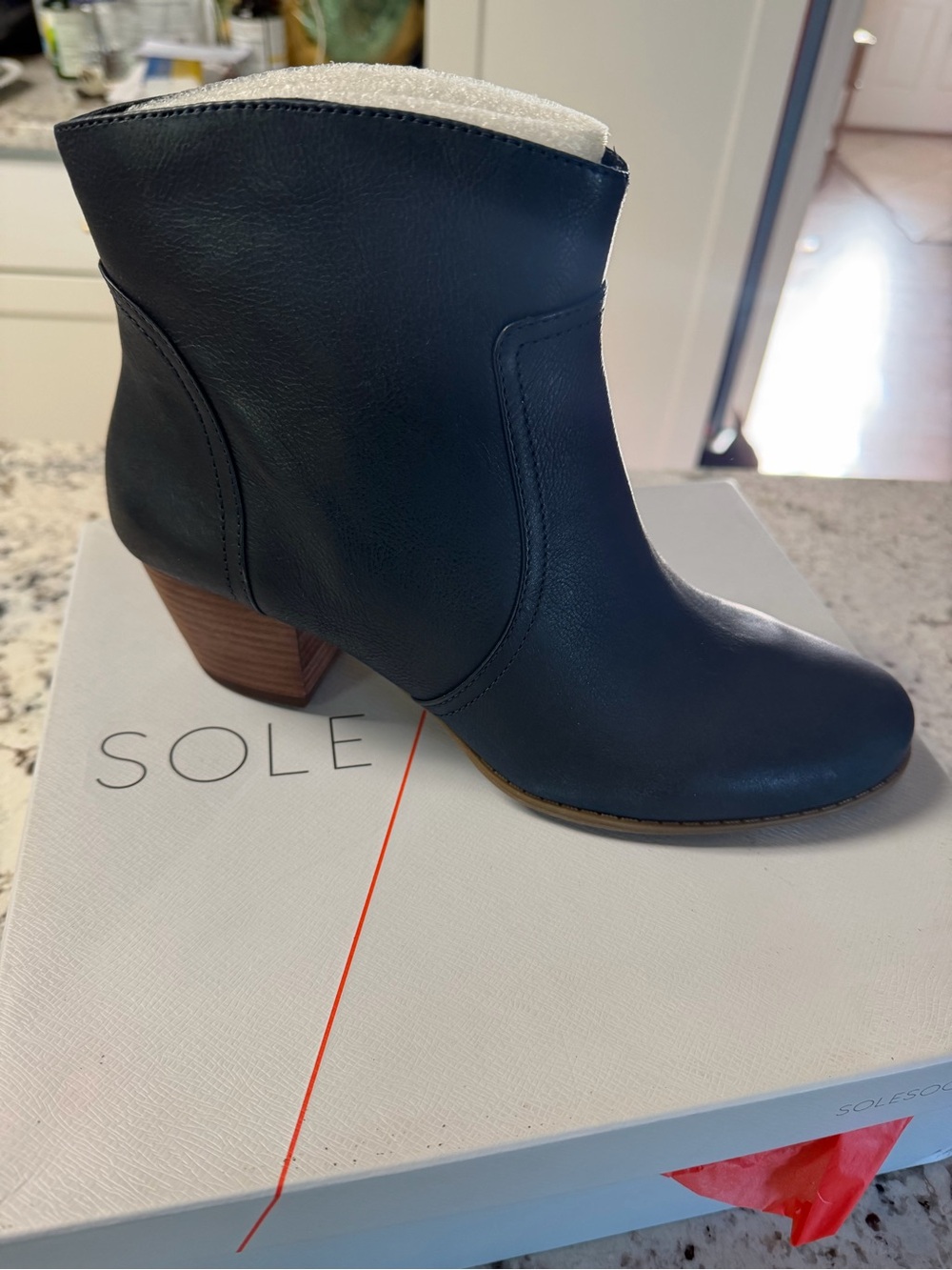 Sole Society Navy Leather Ankle Boot with Stacked Wood Heel